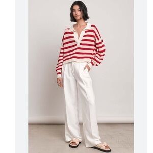 Eleven Six Sweater Aria Collar Polo in Striped Cream Red
